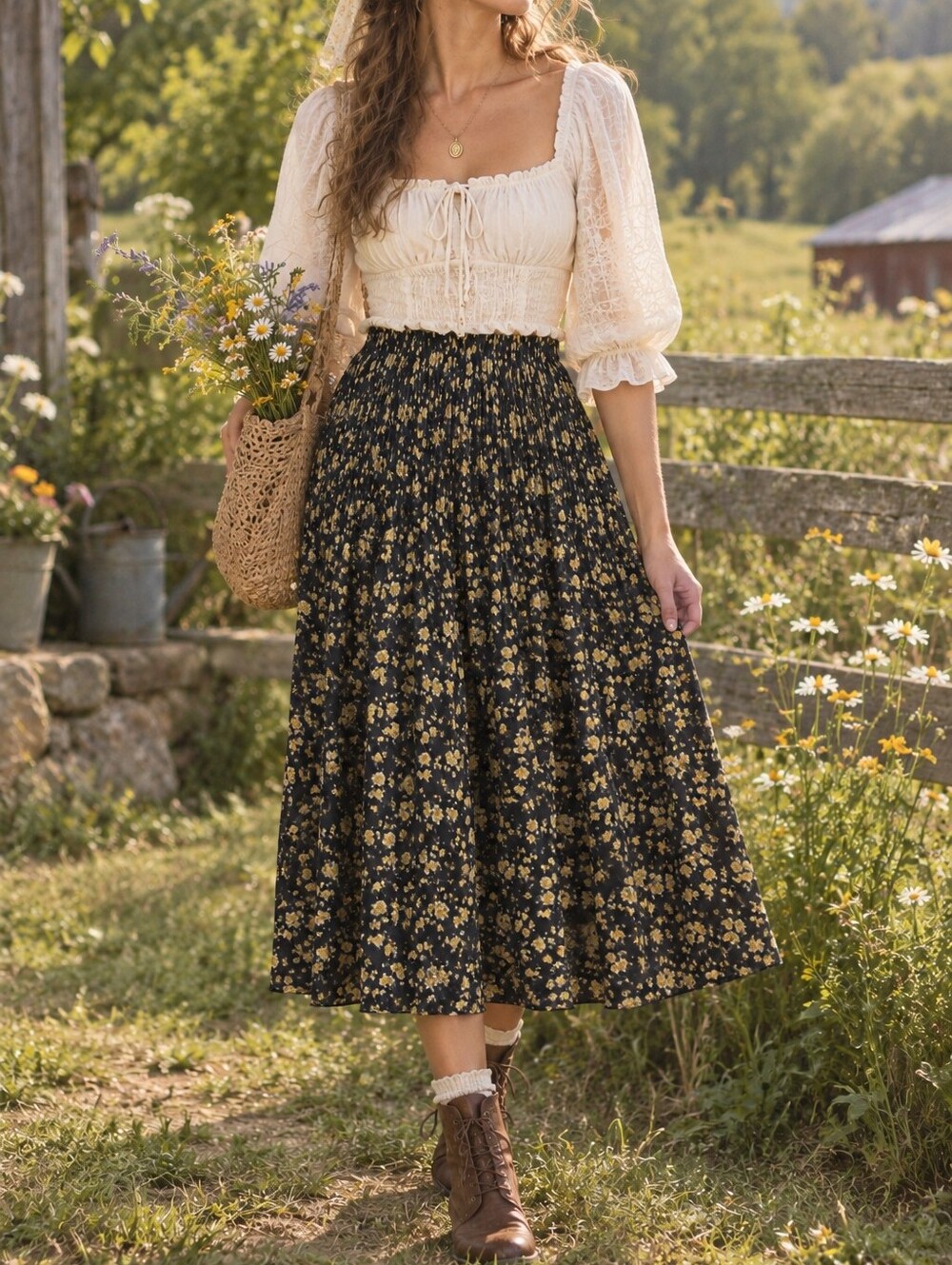 Vintage Allison Taylor Pleated Floral Midi Skirt Sheer‎ Cottage Prairie Medium